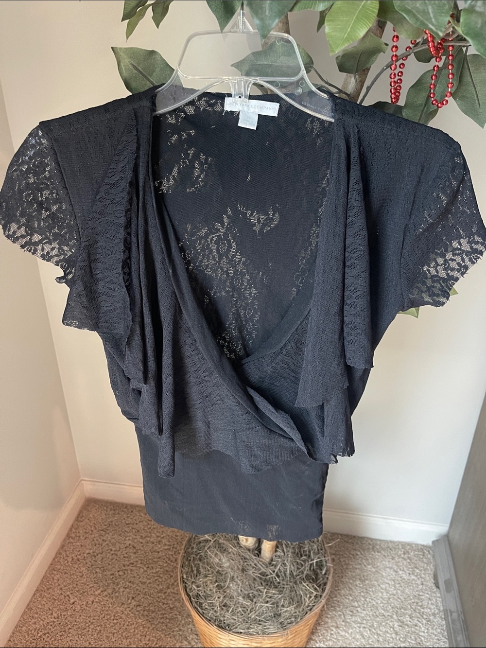 New York & Company Black Lace Flutter Sleeve Surplice Top